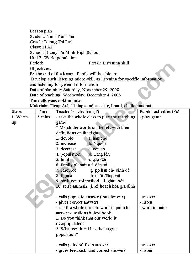 world population worksheet