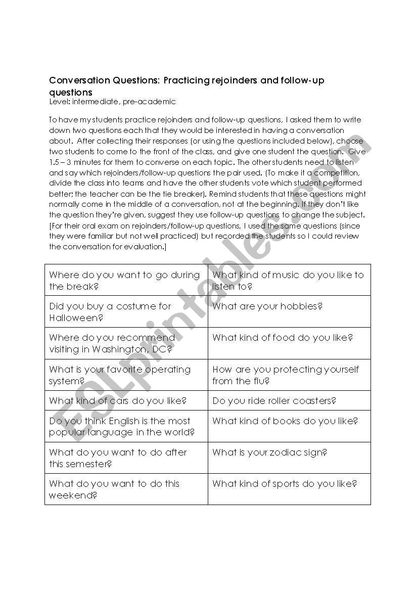 Conversation Questions: Practicing rejoinders and follow-up questions