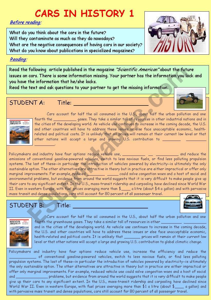 READING: CARS IN HISTORY 1/2   2PAGES