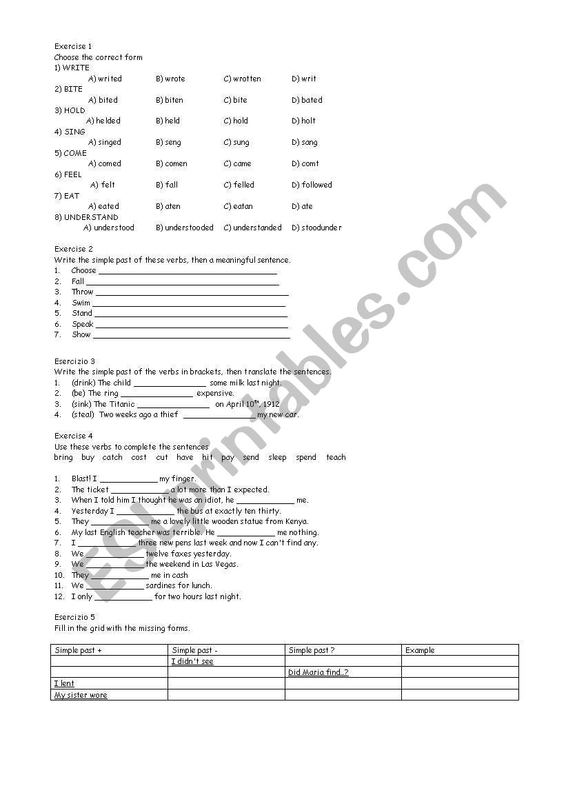 irregular simple past worksheet