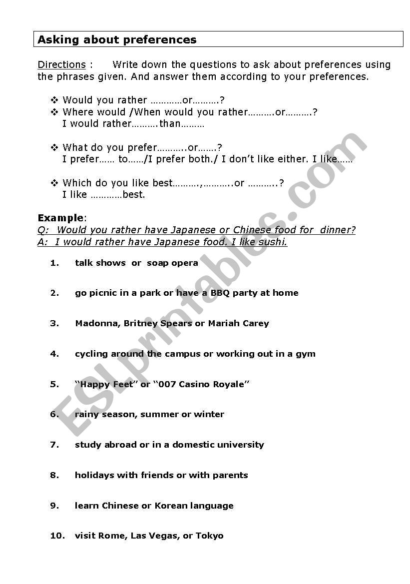 Asking about preferences worksheet