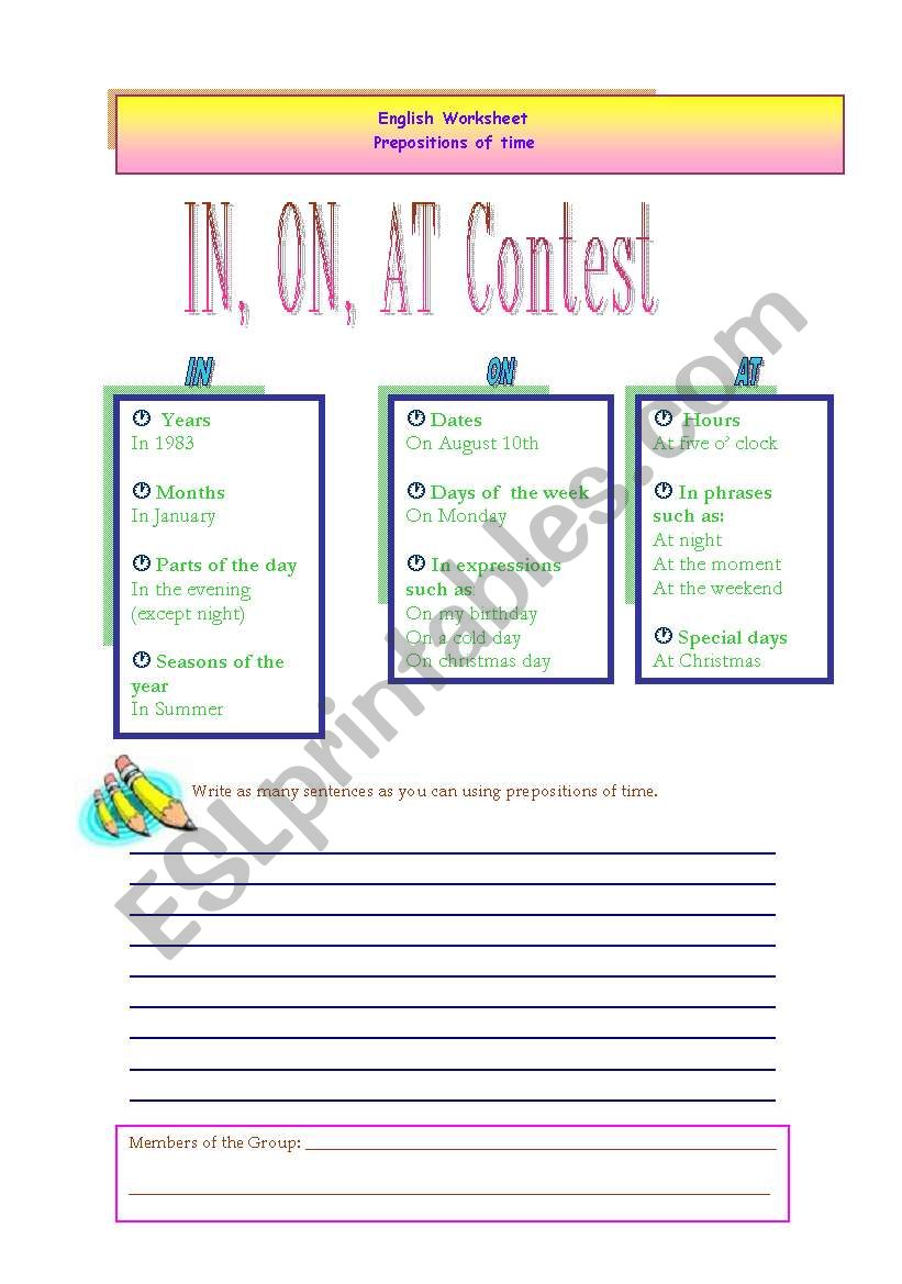 In, On, At Contest worksheet