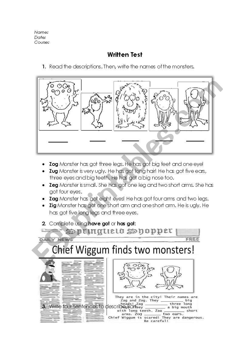 Monsters worksheet