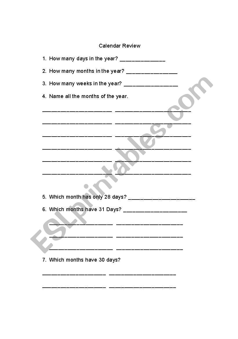 Calendar Review worksheet