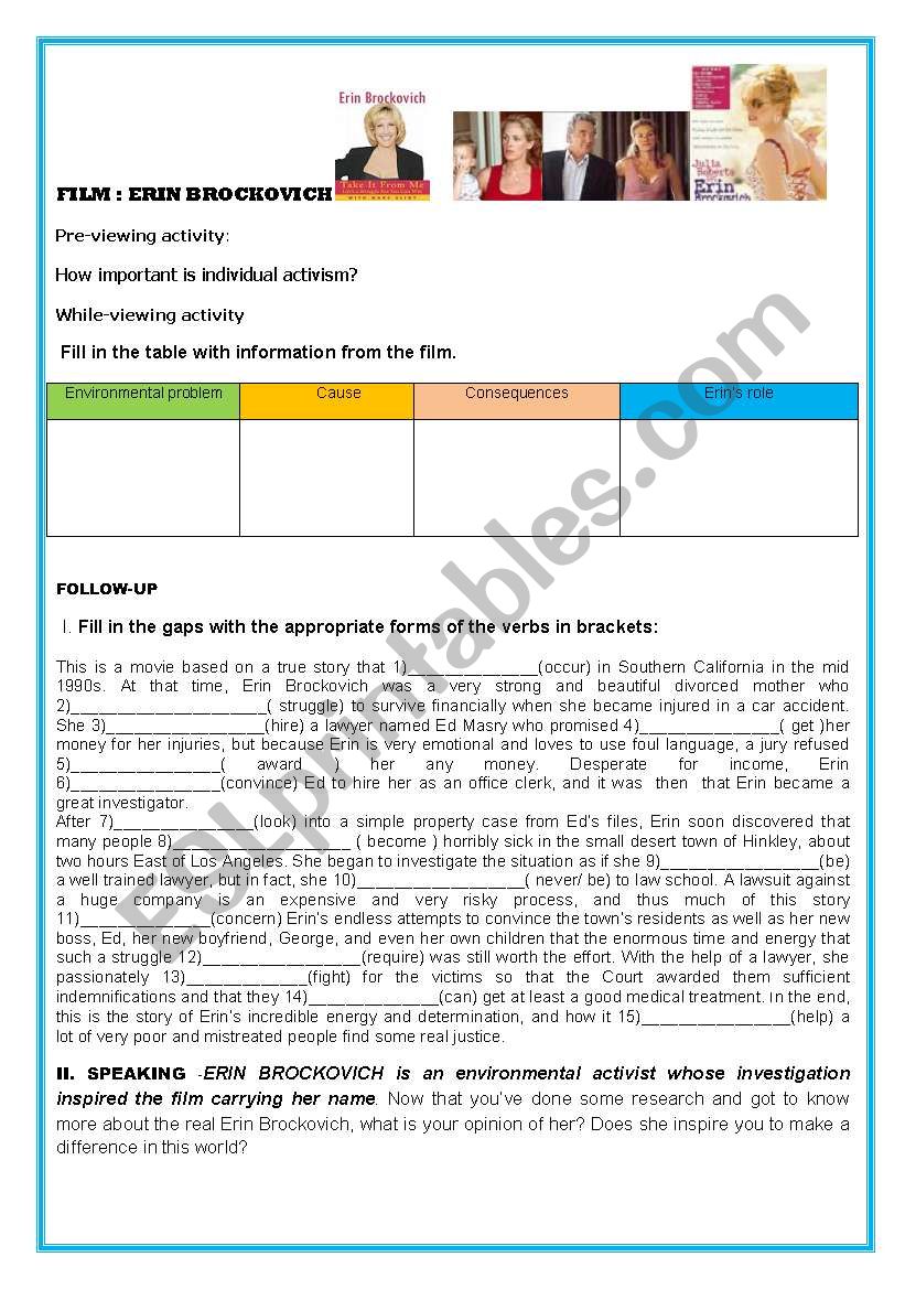 MOVIE: ERIN BROCKOVICH worksheet