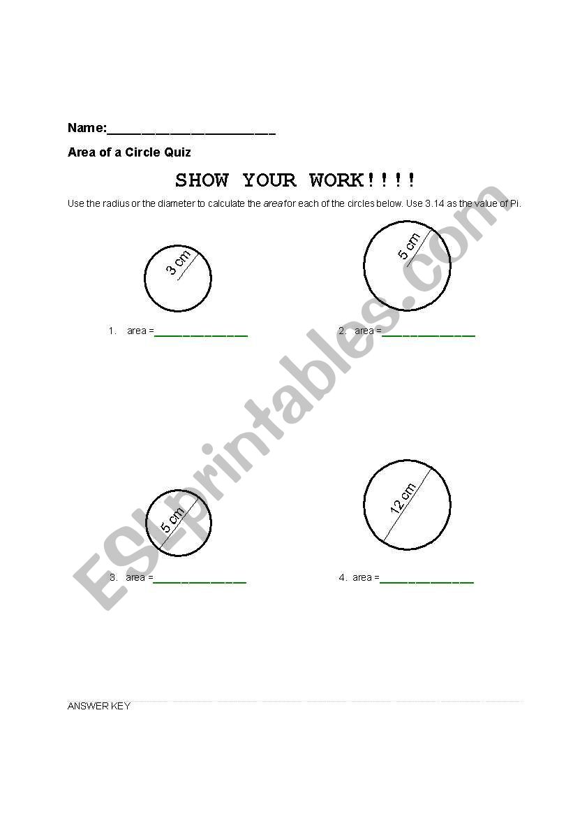 area of circle worksheet