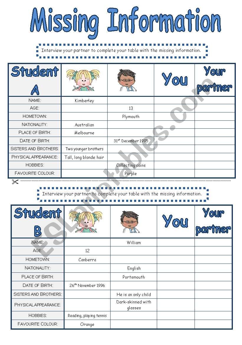 Missing Information worksheet