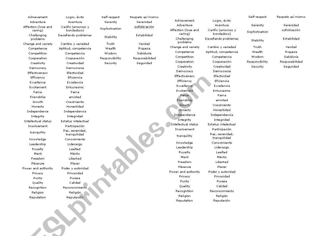 values worksheet