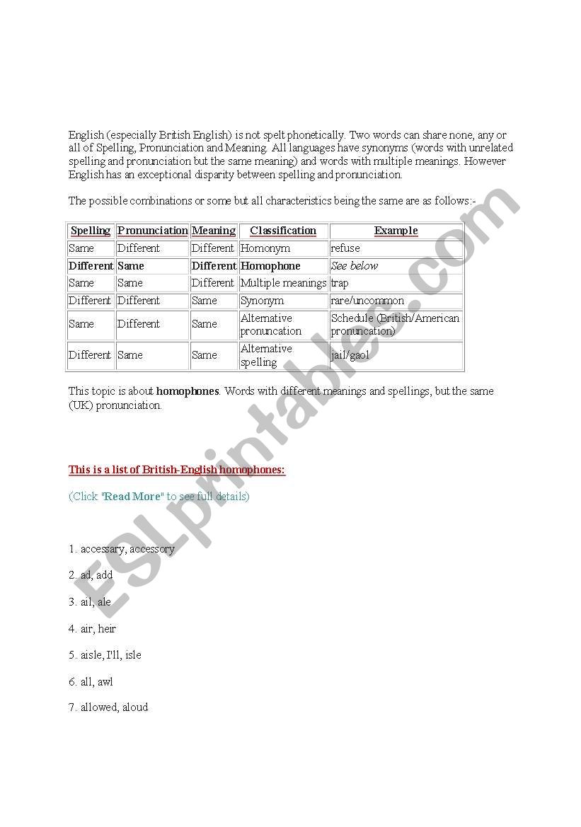 homophone worksheet