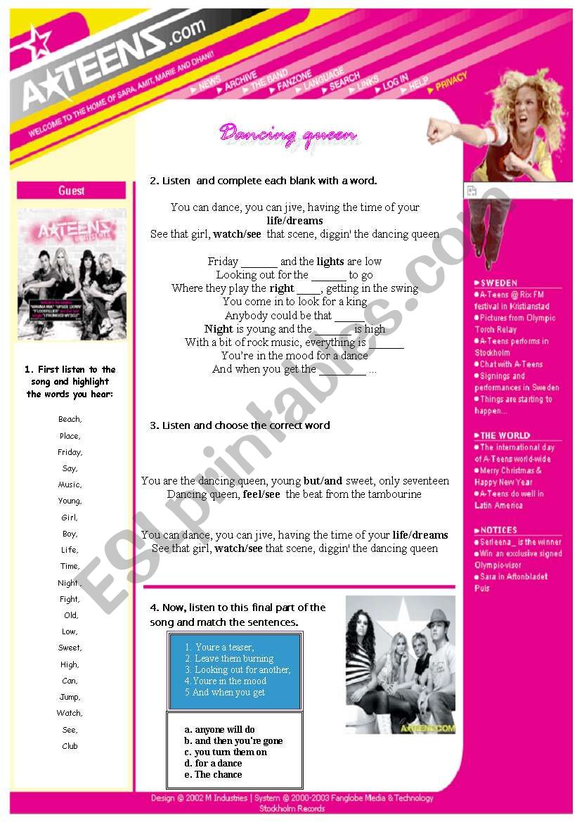 Dancing Queen - ABB (Activity) song…: English ESL worksheets pdf & doc