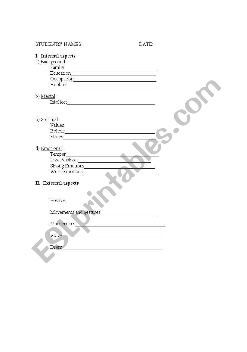 Characters description worksheet