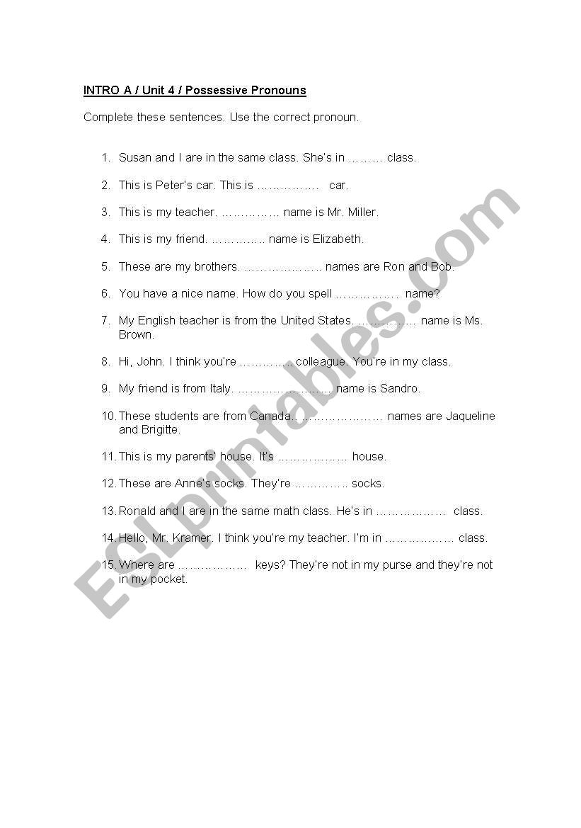 posessives pronouns worksheet