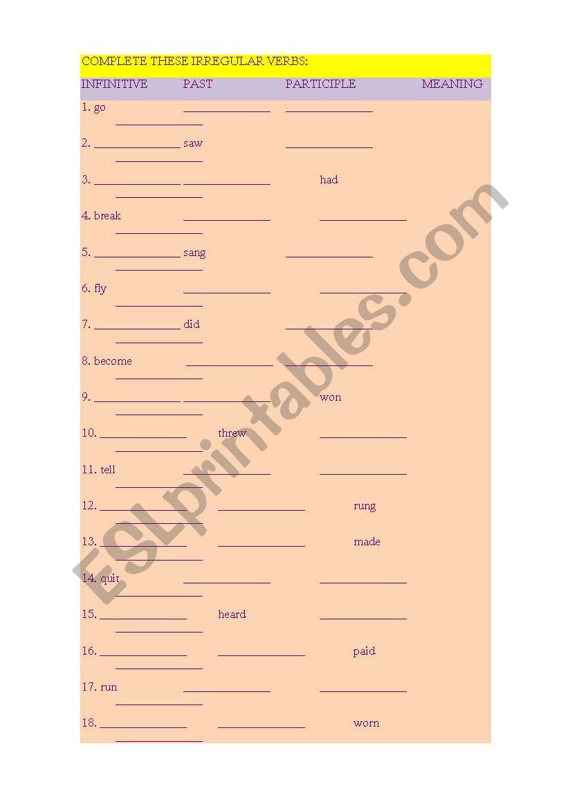 IRREGULAR VERBS EXAM worksheet