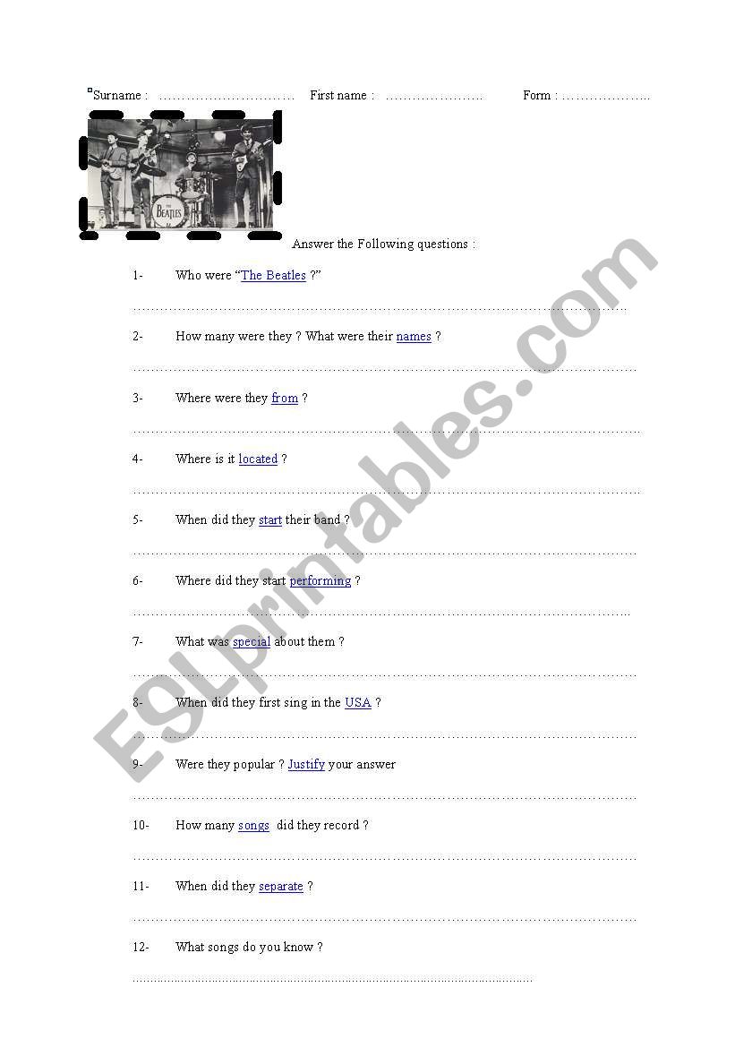 who were the beatles worksheet