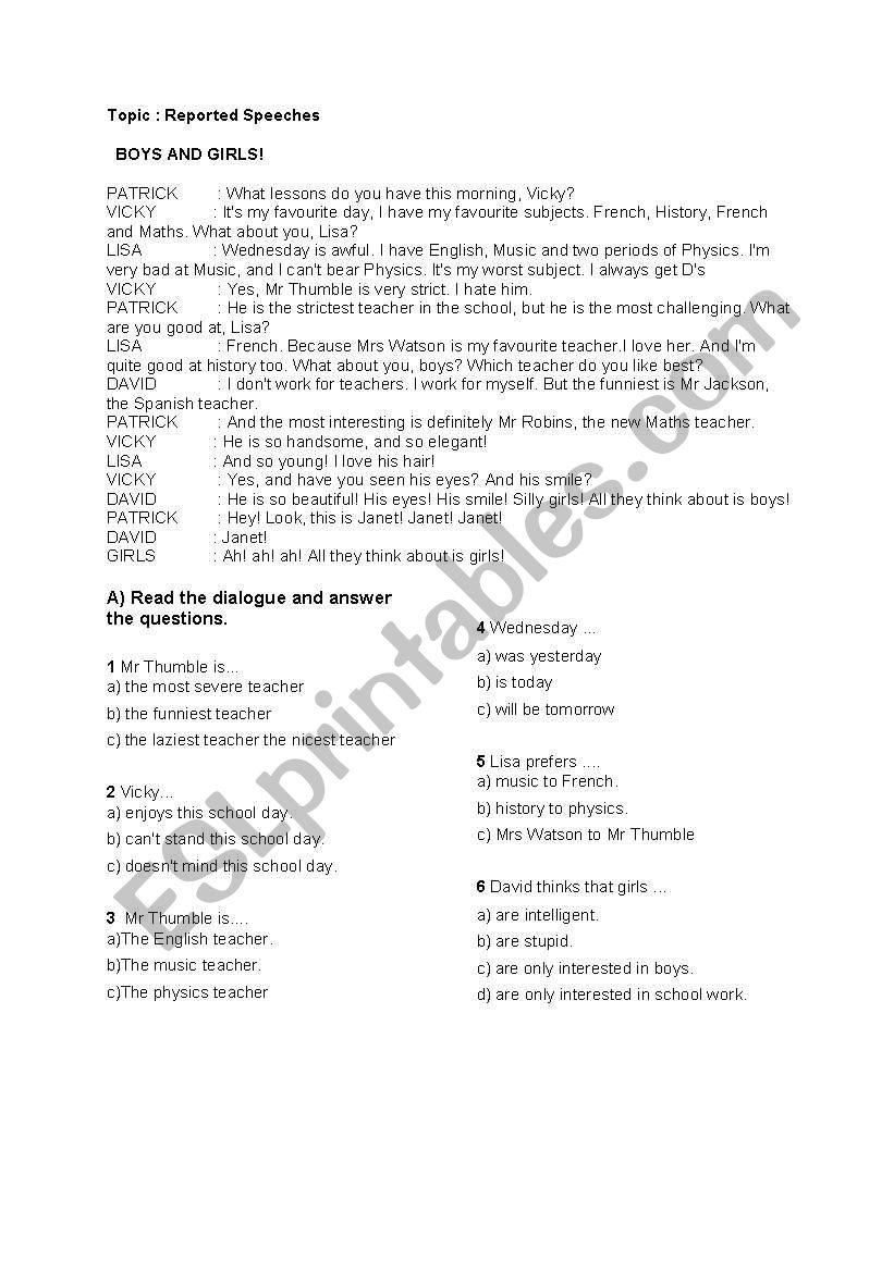 reported speech worksheet