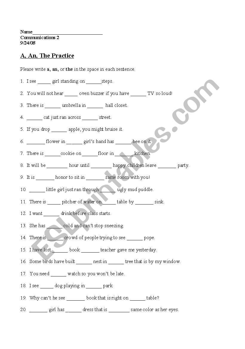 A, An, The Practice worksheet