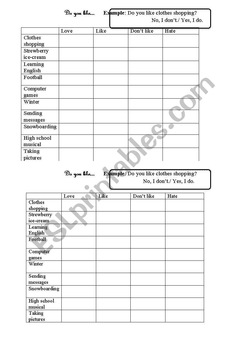 Do you like? worksheet