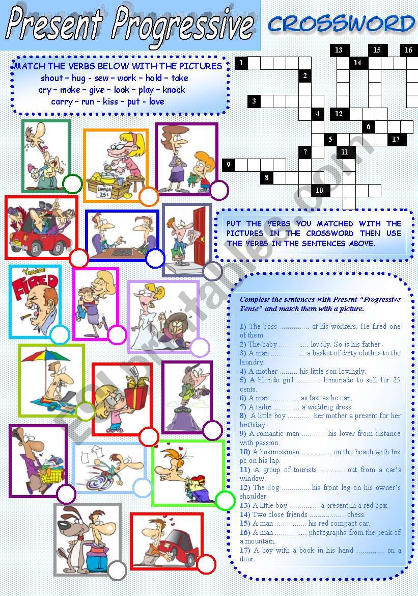 Present Continuous Tense (Exercises and Crossword)