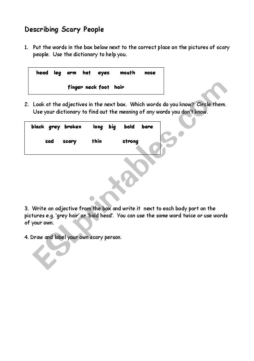 Describing scary people worksheet