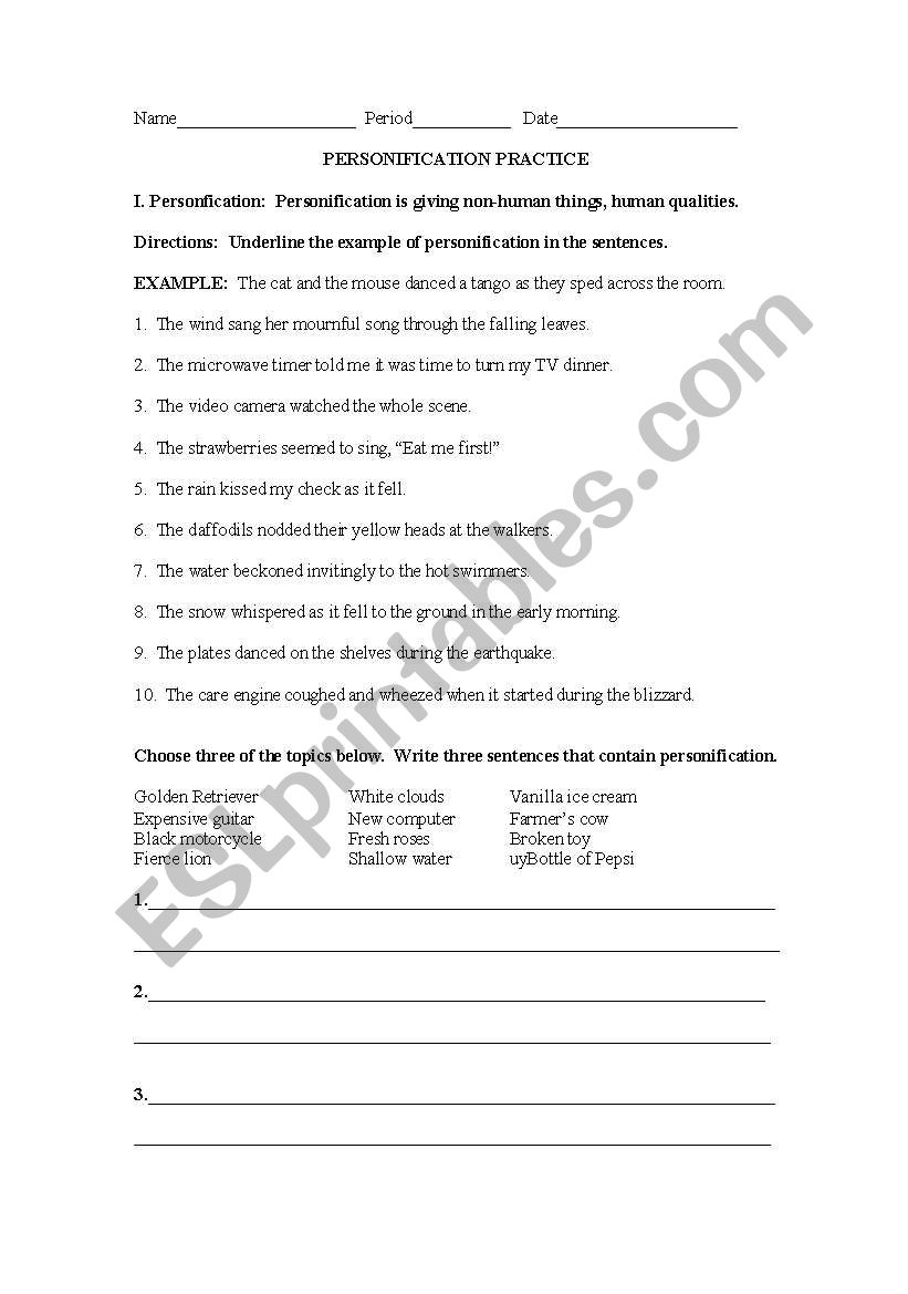 Poetry Personification Practice Worksheet