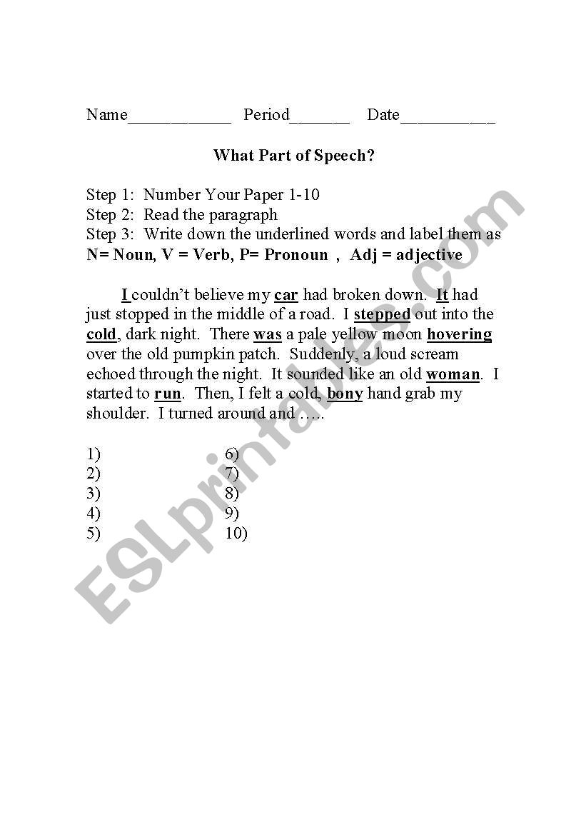 Scary Story Parts of Speech worksheet