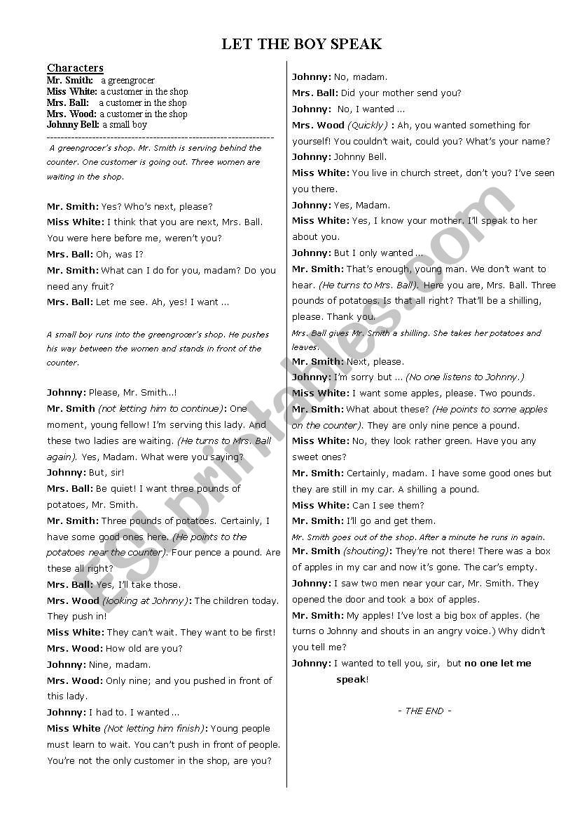 Let The Boy Speak worksheet