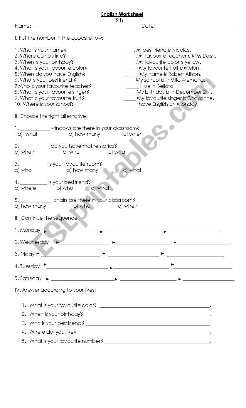 questions and days of week worksheet