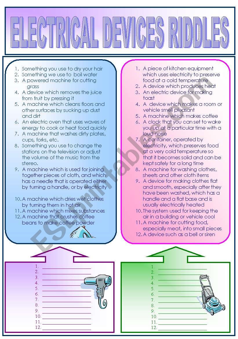 ELECTRICAL DEVICES RIDDLES worksheet