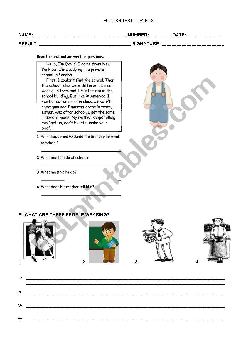 Test- level 3 worksheet