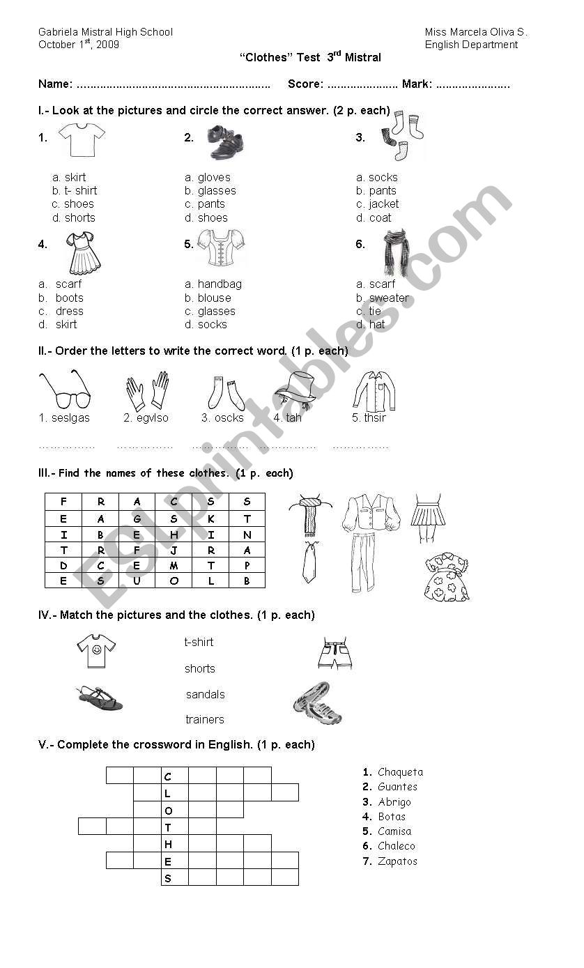 clothes test worksheet