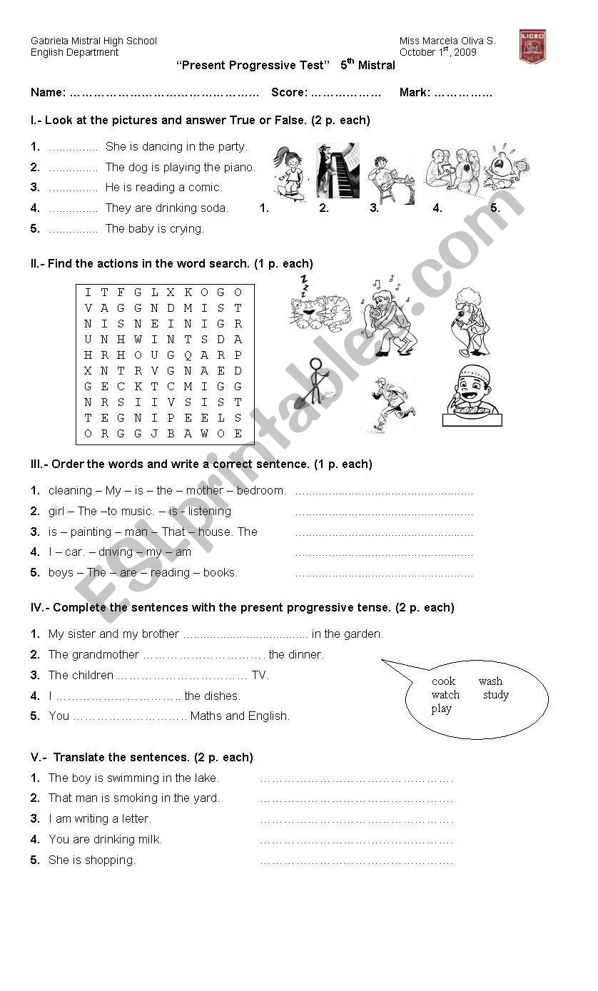 present progressive test worksheet