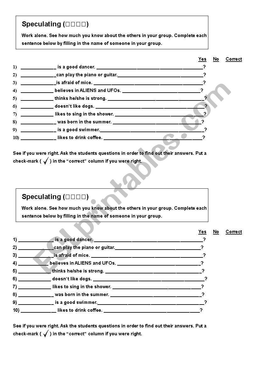 Speculations worksheet