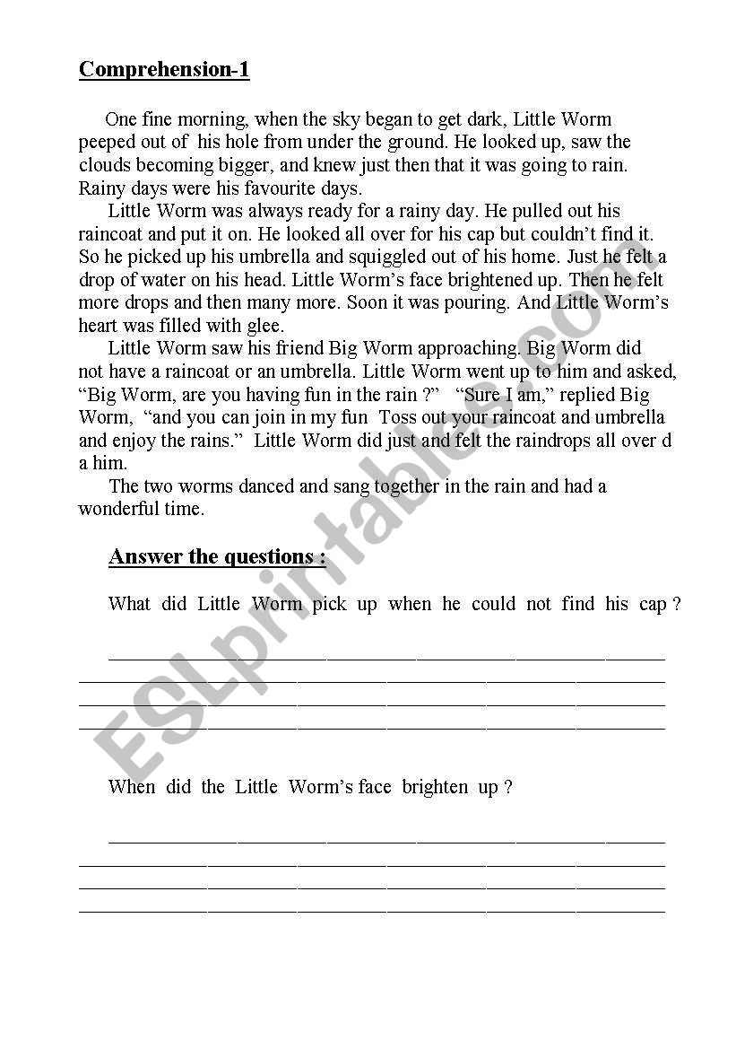 Little worm on a rainy day. worksheet