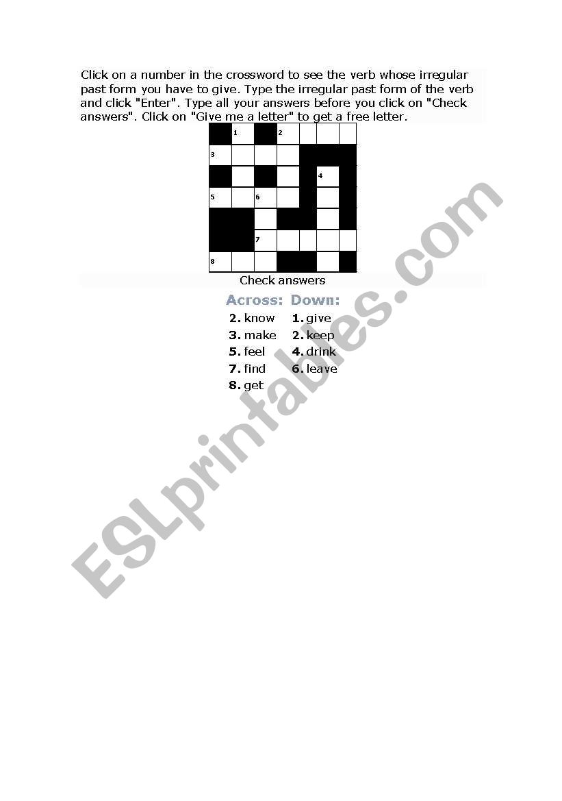 Irregular Verbs Crossword worksheet