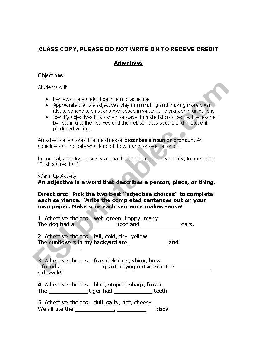 Adjectives worksheet