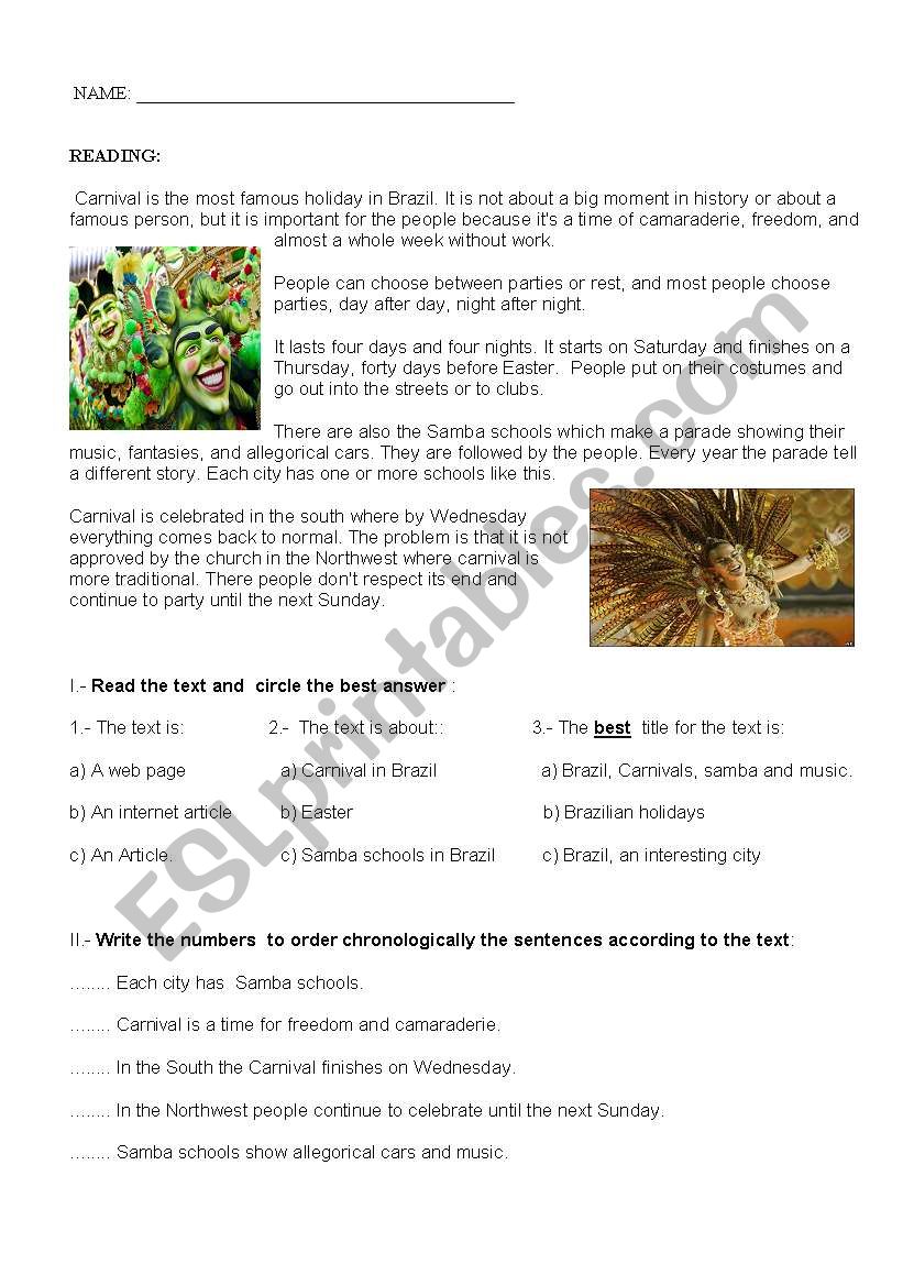 READING : CARNIVAL worksheet