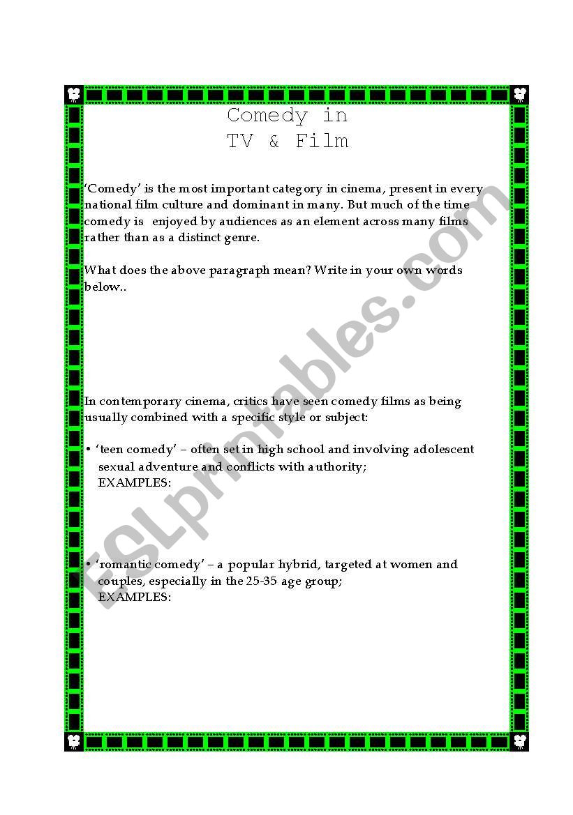 Comedy in TV & Film worksheet