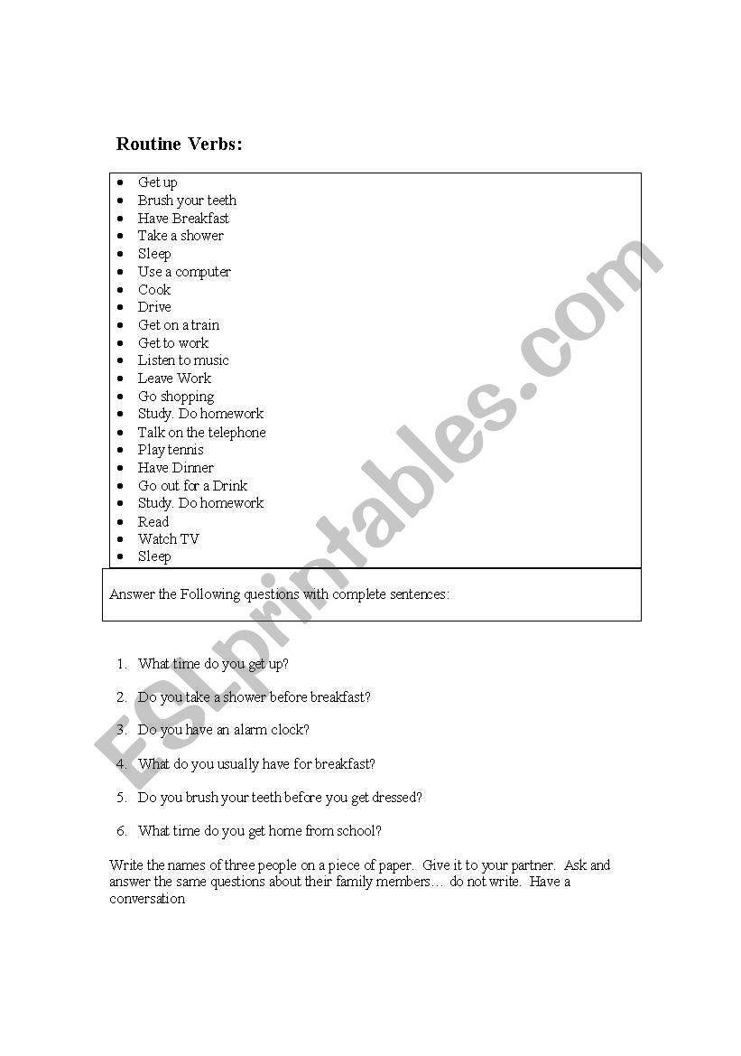 Routine Verbs worksheet