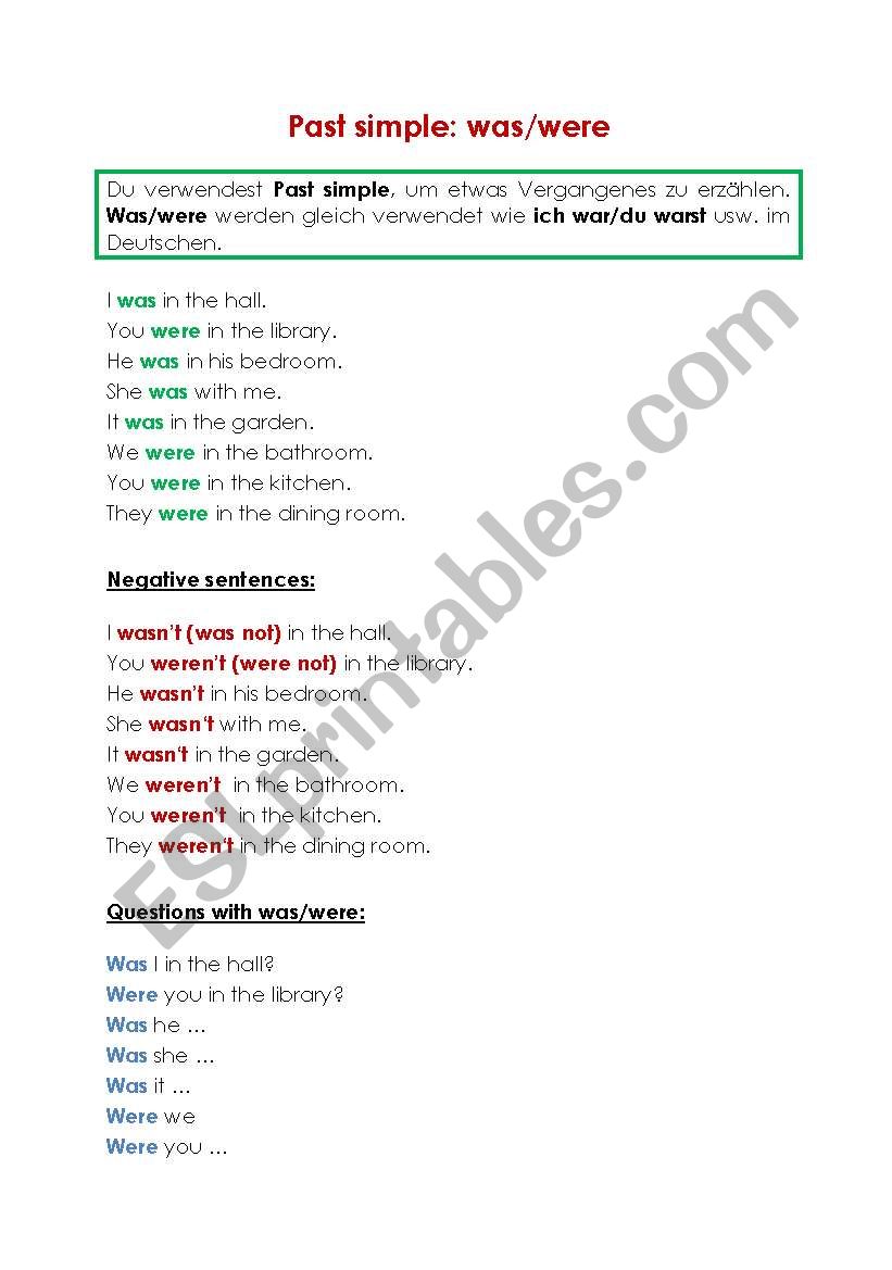 Was/Were in Use - fact sheet worksheet