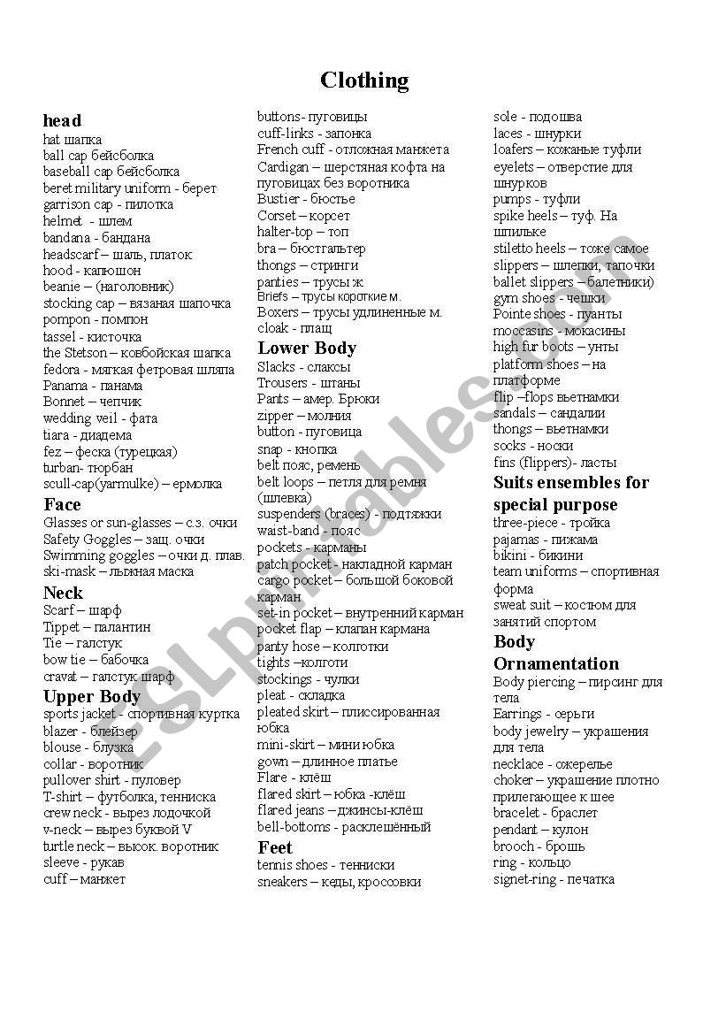 Clothing vocabulary list for the upper-intermediate to advanced students