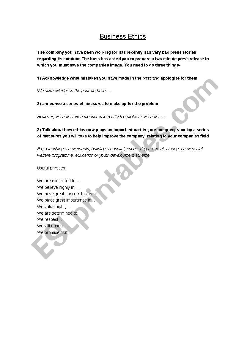 Business Ethics worksheet