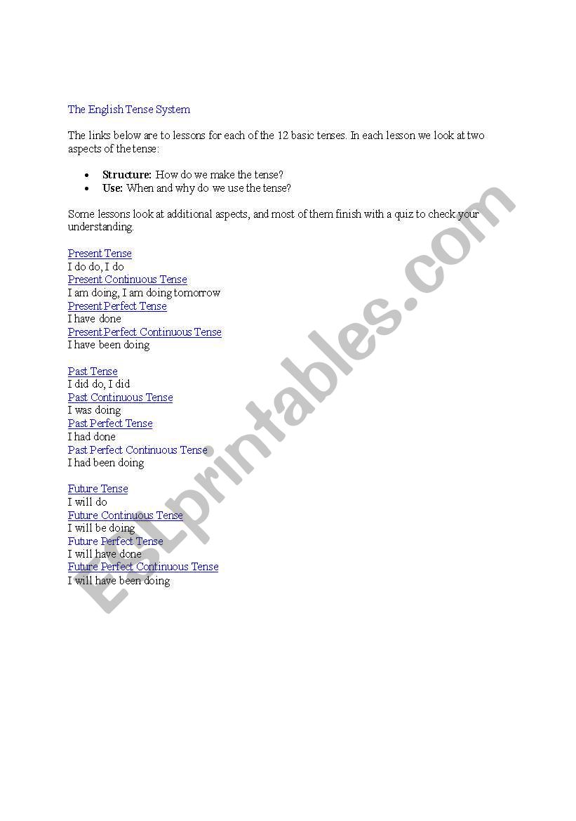 Tense structure worksheet