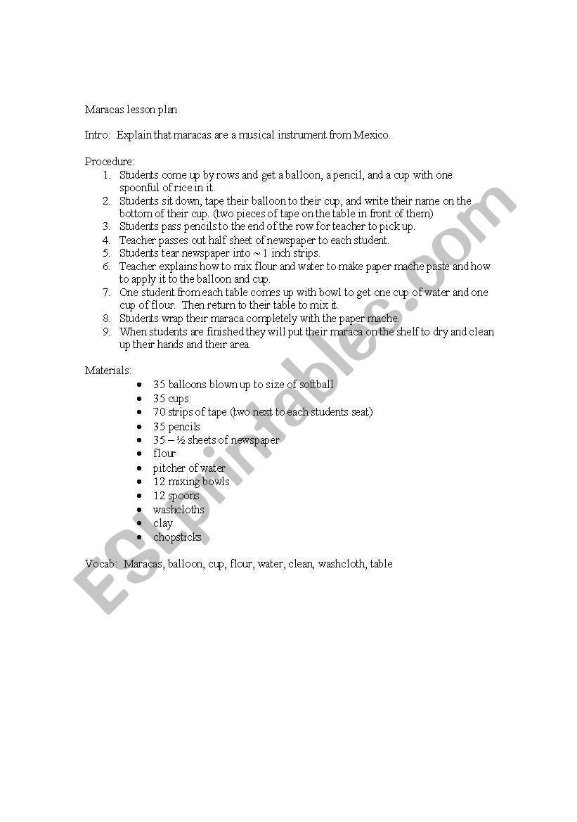 Maracas lesson plan worksheet