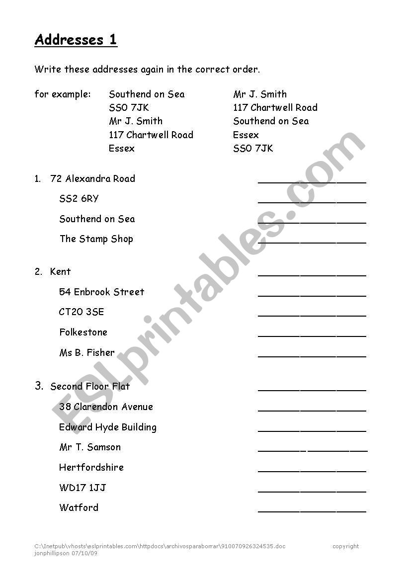 Addresses proofs worksheet