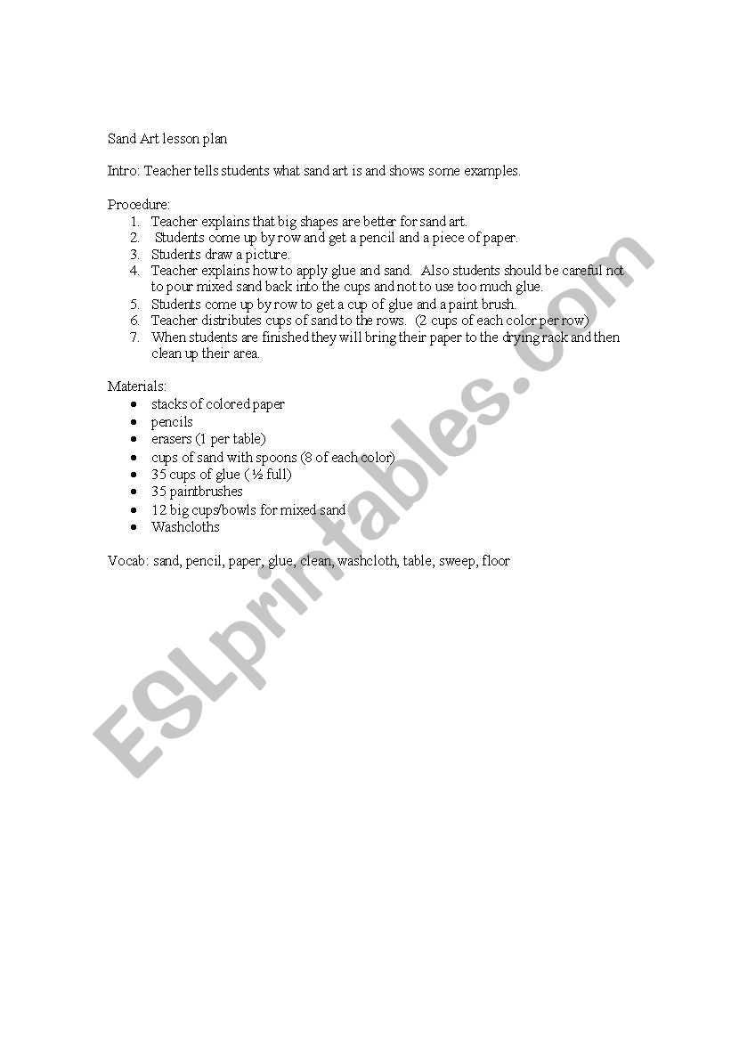Sand Art lesson plan worksheet