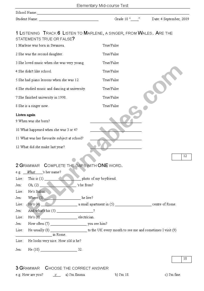 Mid term tes for 10 graders  worksheet