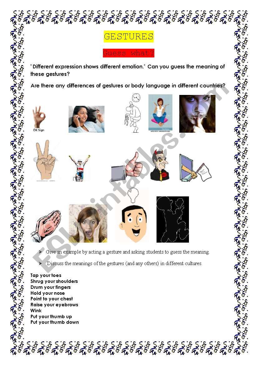 Gestures and Body Language worksheet