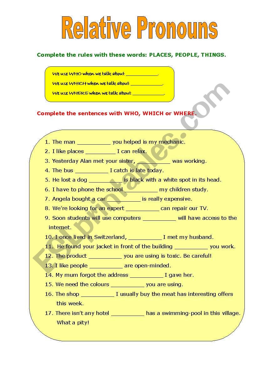 relative pronouns worksheet