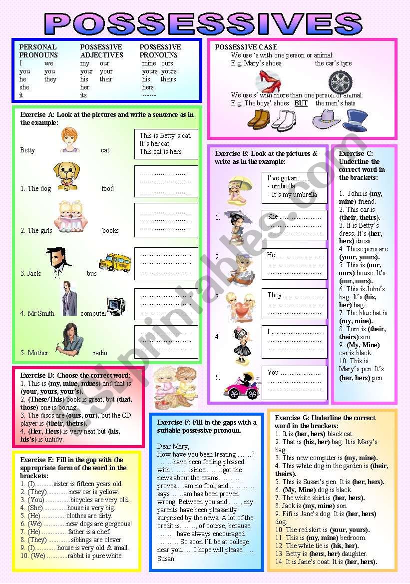 POSSESSIVES - Personal Pronouns, Possessive Adjectives, Possessive Pronouns - Teach students when, where & how to use Possessives - elementary/intermediate - (( 5 Exercises, 40 sentences )) - (( B&W VERSION INCLUDED ))