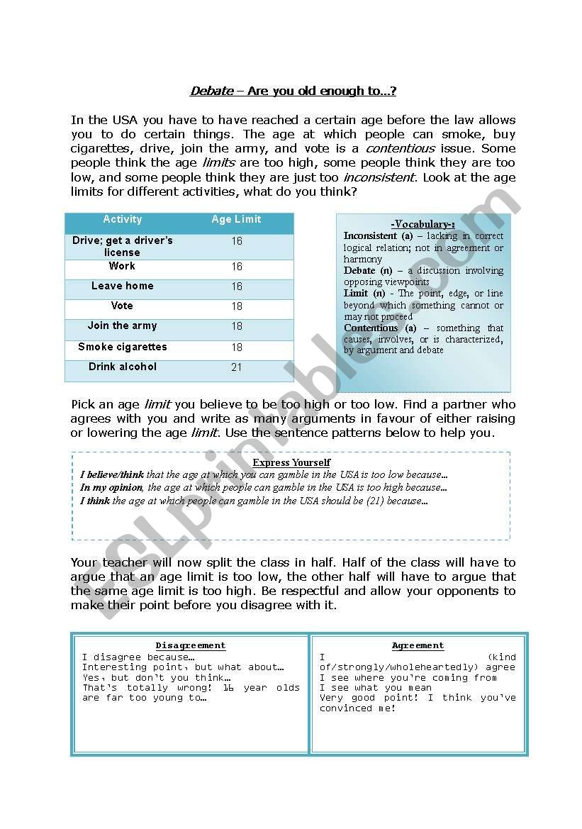 Debating Age Limits worksheet